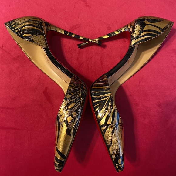 Christian Louboutin 37 IRIZA 100 Pat Lame Hibiscus Black & Gold High Heels - Picture 2 of 10